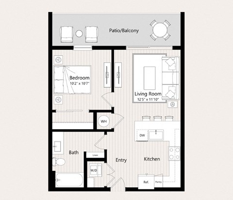 Floor plan for 1 bed, 1 bath, 595 sqft